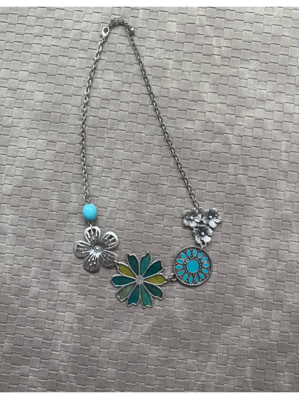 Silver Floral Pendant Necklace with Turquoise and Green Accents